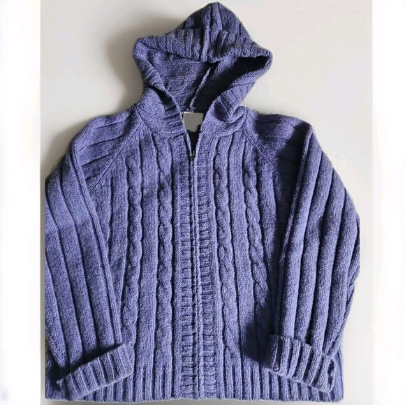 Carraig Donn Purple Wool Zip Hooded Cable Knit Fishermans Sweater Ireland Sz LG - Picture 1 of 8